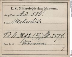 Etiketten zu Malachit (NHMW-MIN-Ad526)